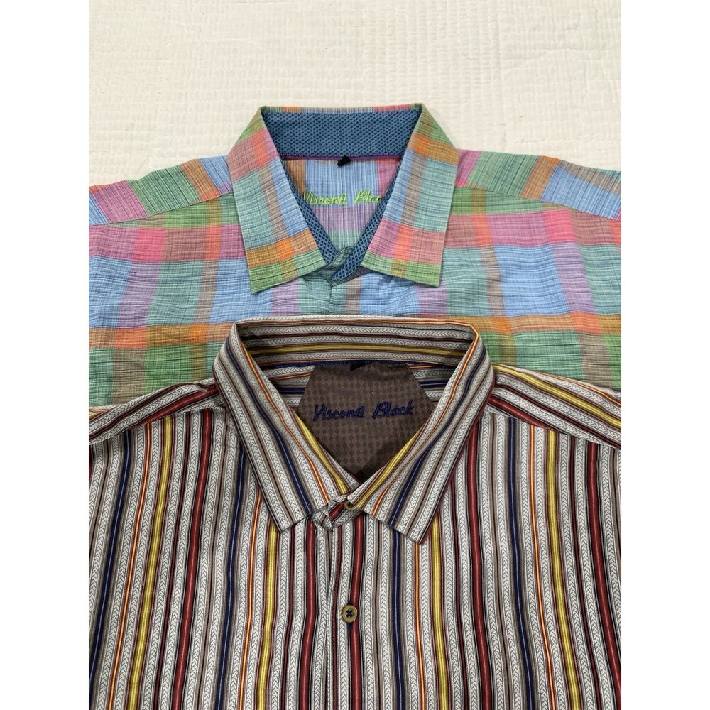 Lot Of 2-Visconti Men's Shirt XL Plaid Striped Button Up Flip Cuff Patterned